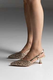 Γόβες Slingback Μυτερές με Πλεκτό Σχέδιο - Χρυσό