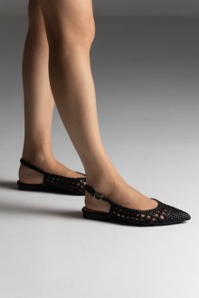 Μπαλαρίνες Slingback Μυτερές με Πλεκτό Σχέδιο - Μαύρο