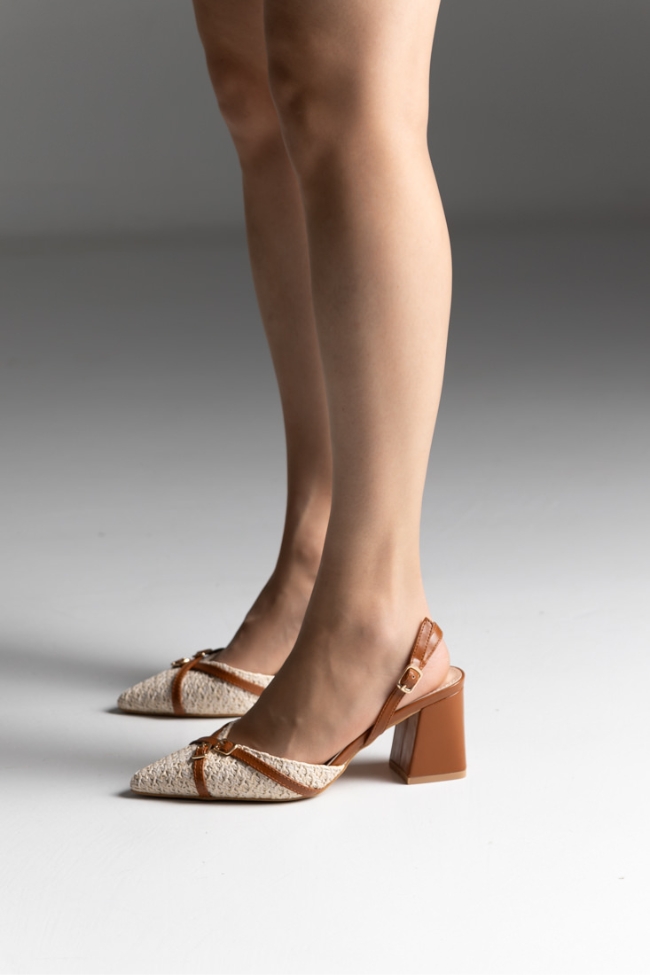 Openheel γόβες με ψάθινη πλέξη και χιαστί λουράκι - Μπεζ - Image 4