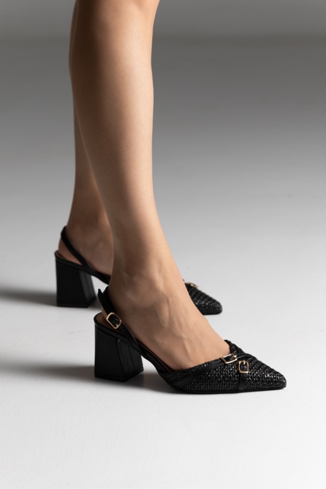 Openheel γόβες με ψάθινη πλέξη και χιαστί λουράκι - Μαύρο