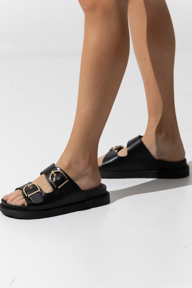 Σανδάλια Flatform με δύο χρυσές αγκράφες και μαλακή σόλα- Μαύρο - Image 3