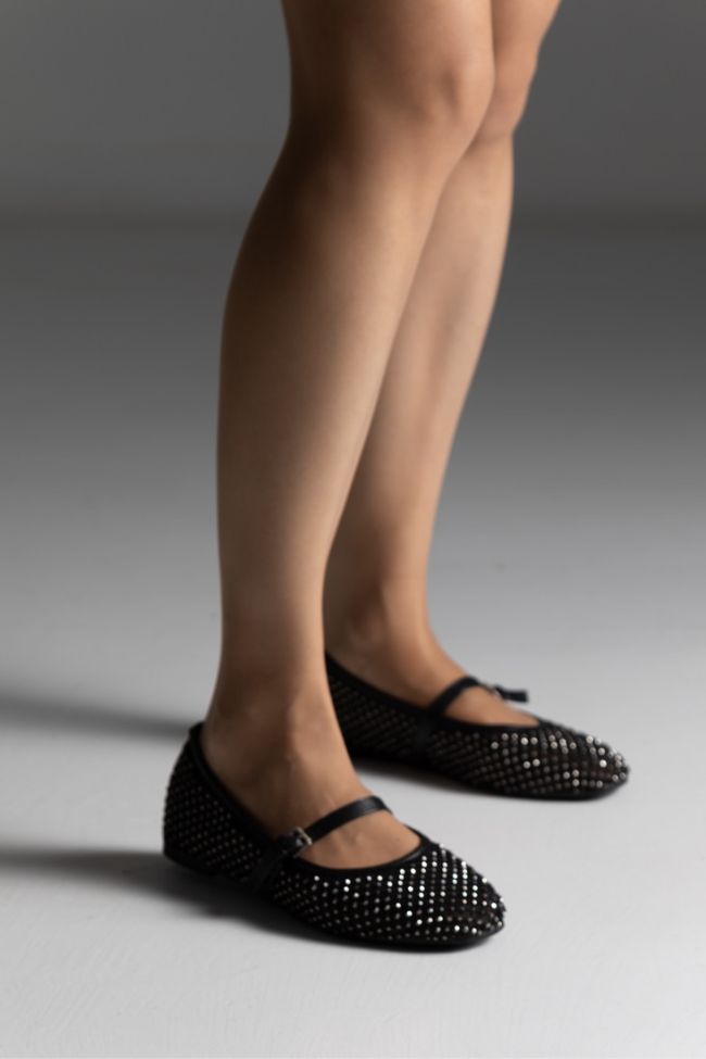 Μπαλαρίνες Γυναικείες με δίχτυ και διακοσμητικά strass – Μαύρο - Image 4