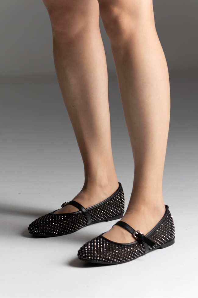 Μπαλαρίνες Γυναικείες με δίχτυ και διακοσμητικά strass – Μαύρο - Image 2
