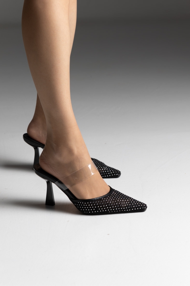 Αέρινα Mules με Διαφάνεια και διακοσμητικά strass - Μαύρο