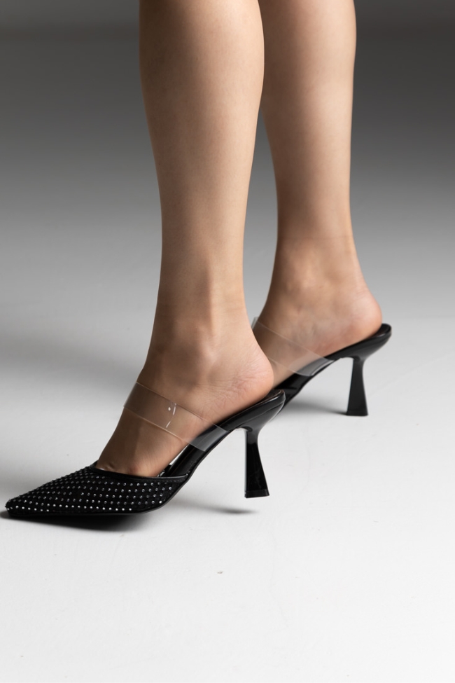 Αέρινα Mules με Διαφάνεια και διακοσμητικά strass - Μαύρο - Image 4