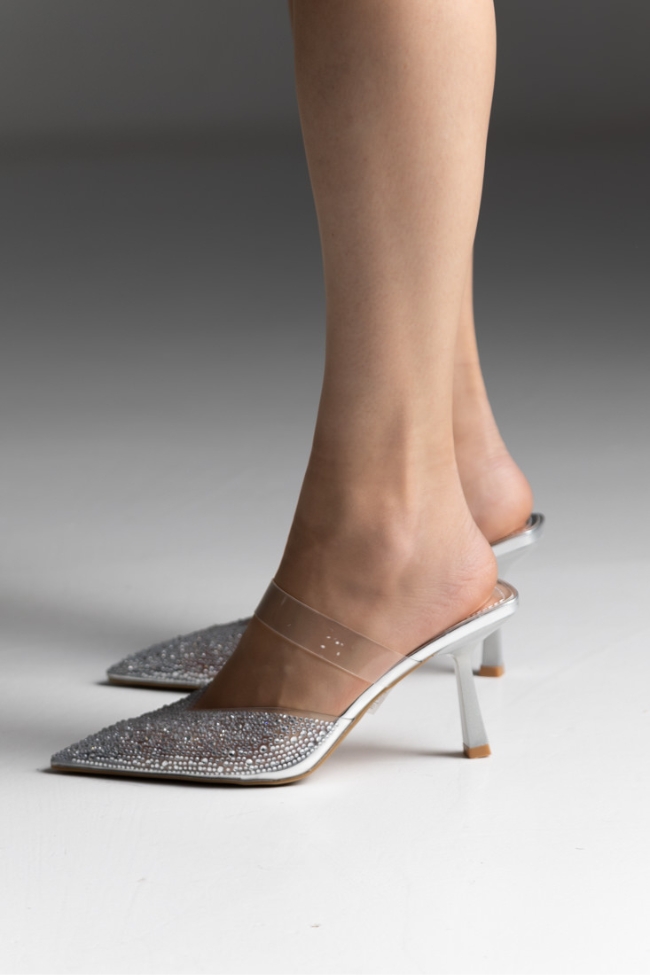 Mules με διαφάνεια και strass - Ασημί - Image 4