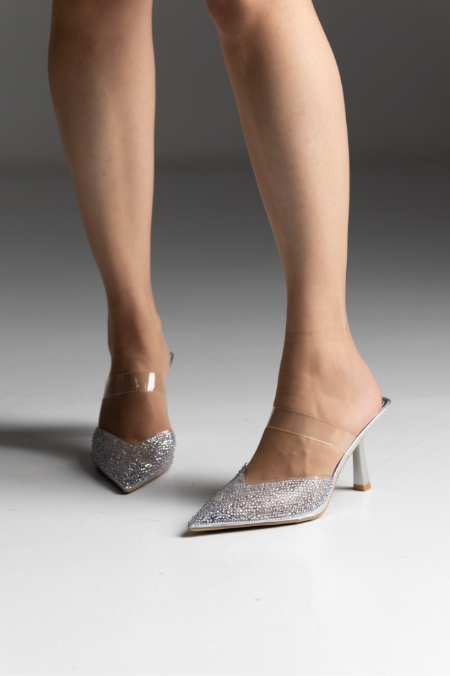 Mules με διαφάνεια και strass - Ασημί - Image 2