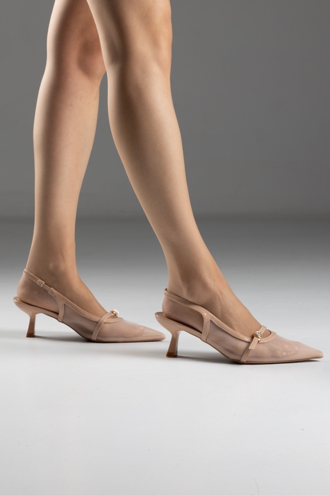 Γόβες Slingback Μυτερές με Δίχτυ – Μπεζ - Image 4