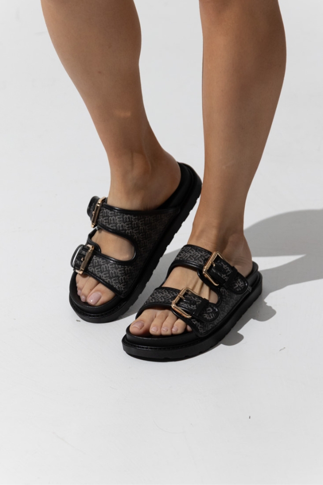 Ανατομικά Σανδάλια Flatform με λεπτομέρειες ψάθας και χρυσές αγκράφες - Μαύρο - Image 2