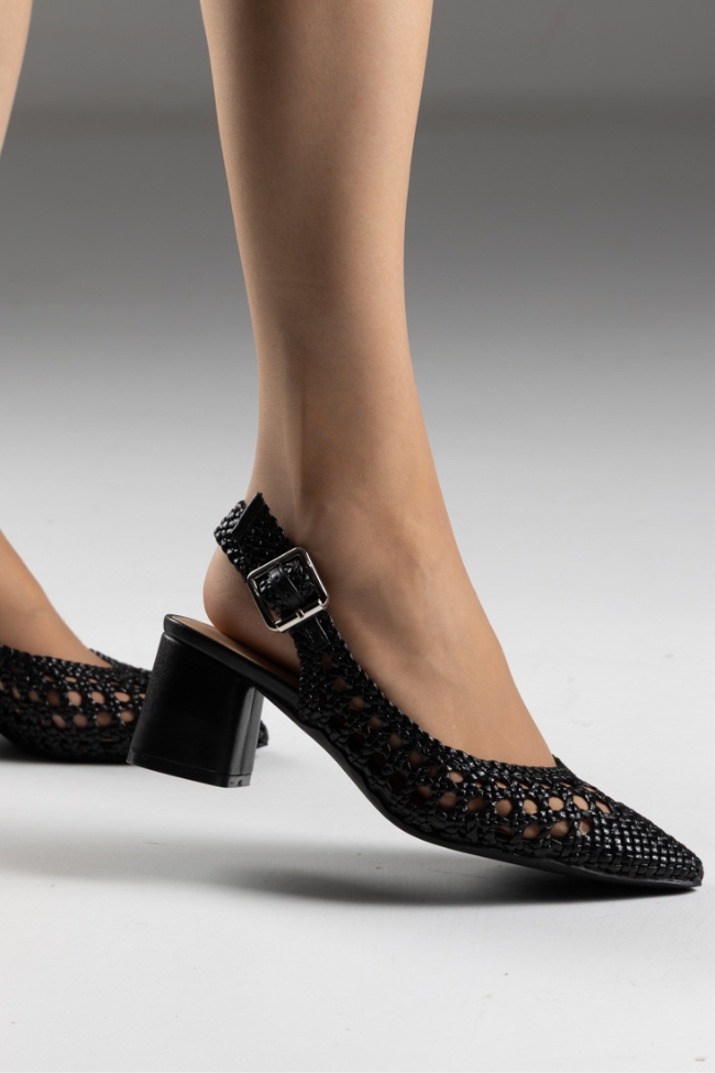 Γόβες Slingback με χοντρό τακουνι και Πλεκτό Σχέδιο – Μαύρο - Image 4