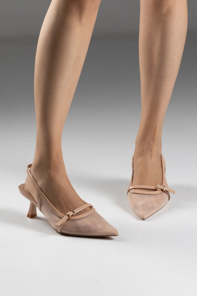 Γόβες Slingback Μυτερές με Δίχτυ – Μπεζ - Image 5