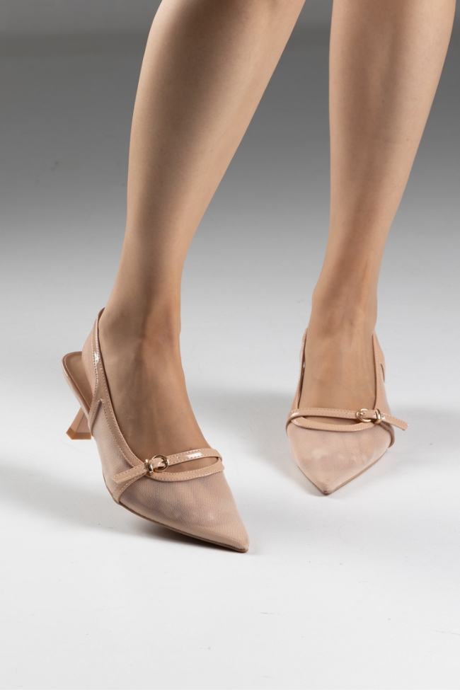 Γόβες Slingback Μυτερές με Δίχτυ – Μπεζ - Image 2