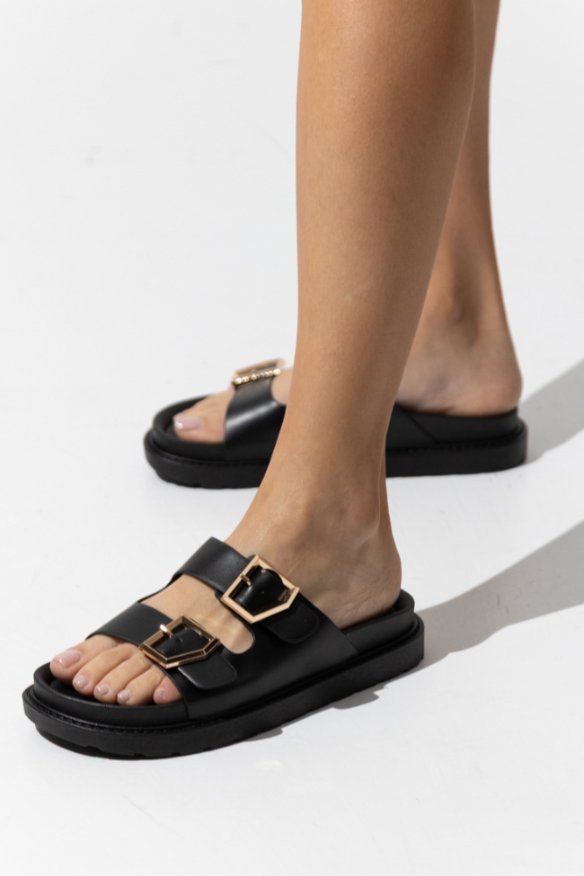 Ανατομικά Σανδάλια Flatform με διπλή χρυσή αγκράφα - Μαύρο