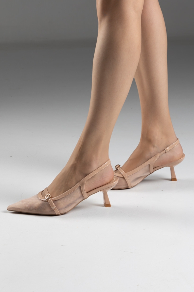 Γόβες Slingback Μυτερές με Δίχτυ – Μπεζ - Image 3