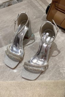 Πέδιλο με διπλό λουράκι strass στα δάχτυλα και glitter - Ασημί