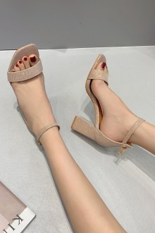 Πέδιλο με χοντρό τακούνι glitter - Σαμπανί