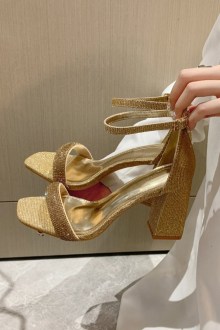 Πέδιλο με χοντρό τακούνι , glitter και strass στα δάχτυλα - Χρυσό