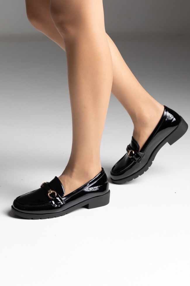 Λουστρίν Μοκασίνια με Τακούνι & Χρυσή Αγκράφα - Μαύρο - Image 3