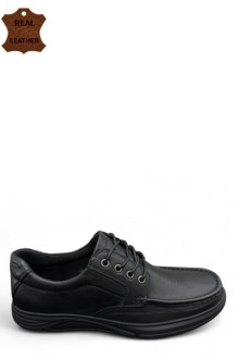 Ανατομικά Δερμάτινα παπούτσια με κορδόνι - Μαύρο