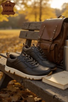 Ανατομικά Δερμάτινα παπούτσια με κορδόνι – Καφέ