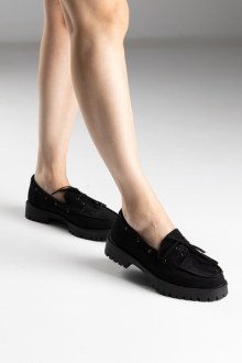 Loafers Suede με Ραφές και Τρακτερωτή Σόλα - Μαύρο