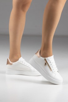 Sneakers δερματίνη με κροκό υφή και διακοσμητικό φερμουάρ - Λευκό / Σιαμπανί