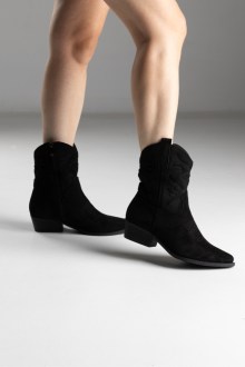 Western Μποτάκια Suede με Κεντητές Λεπτομέρειες και χαμηλό τακούνι - Μαύρο