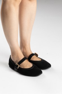 Μπαλαρίνες suede με μπαρέτα και λεπτομέρειες δέρματος - Μαύρο