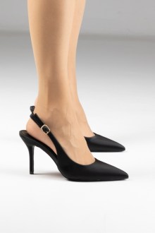 Γυναικείες γόβες σατέν, μυτερές με λεπτό τακούνι - Μαύρο