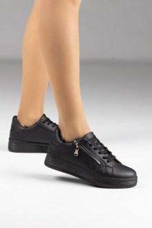 Sneakers δερματίνη με κροκό υφή και διακοσμητικό φερμουάρ - Μαύρο