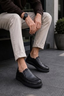 Ανατομικά Δερμάτινα παπούτσια slip-on  - Μαύρο