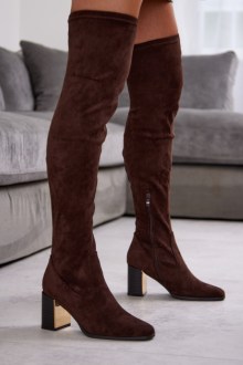 Μπότα suede  Over The Knee με χοντρό τακούνι – Κάμελ