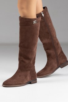 Μπότα suede flat με διακοσμητικό λουράκι - Καφέ