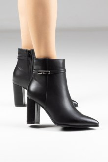 Μποτάκια δερματίνη μυτερό με χοντρό τακούνι - Μαύρο