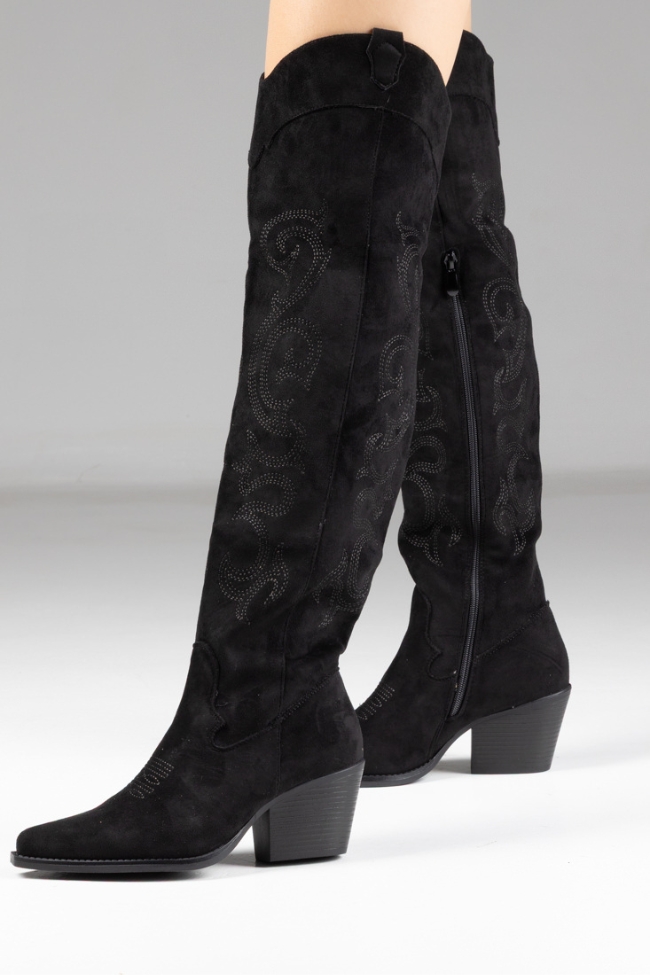 Μπότες Cowboy Over The Knee με Κέντημα - Μαύρο - Image 4