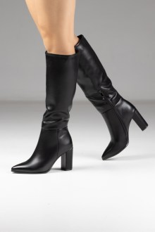 Γυναικεία μπότα δερματίνη με χοντρό τακούνι - Μαύρο