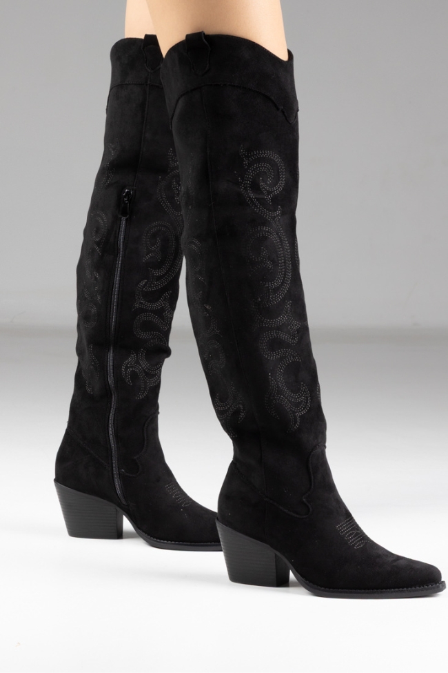 Μπότες Cowboy Over The Knee με Κέντημα - Μαύρο - Image 2