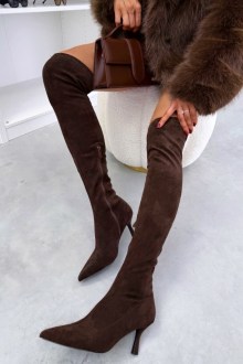 Μπότες Suede Μυτερές Over The Knee - Καφέ