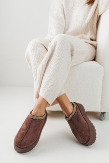 Παντόφλες Δίσολες με Κέντημα - Καφέ