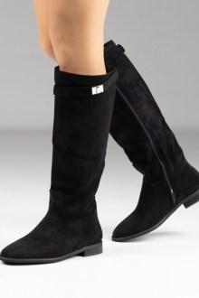 Μπότα suede flat με διακοσμητικό λουράκι - Μαύρο