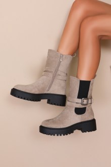 Μποτάκια suede με λάστιχο, και λουράκι με αγκράφα - Χακί