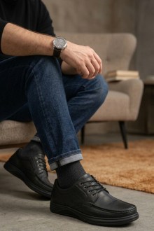 Ανατομικά Δερμάτινα παπούτσια με κορδόνι - Μαύρο