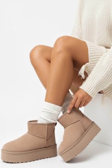 Μποτάκια Ψηλή flatform σόλα με Εσωτερική Επένδυση Γούνας – Σκούρο Μπεζ