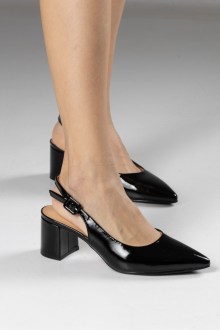 Μυτερές Slingback Γόβες με χονδρό τακούνι - Μαύρο