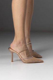 Γόβες με δίχτυ και πέρλες με λεπτό τακούνι - Σαμπανί