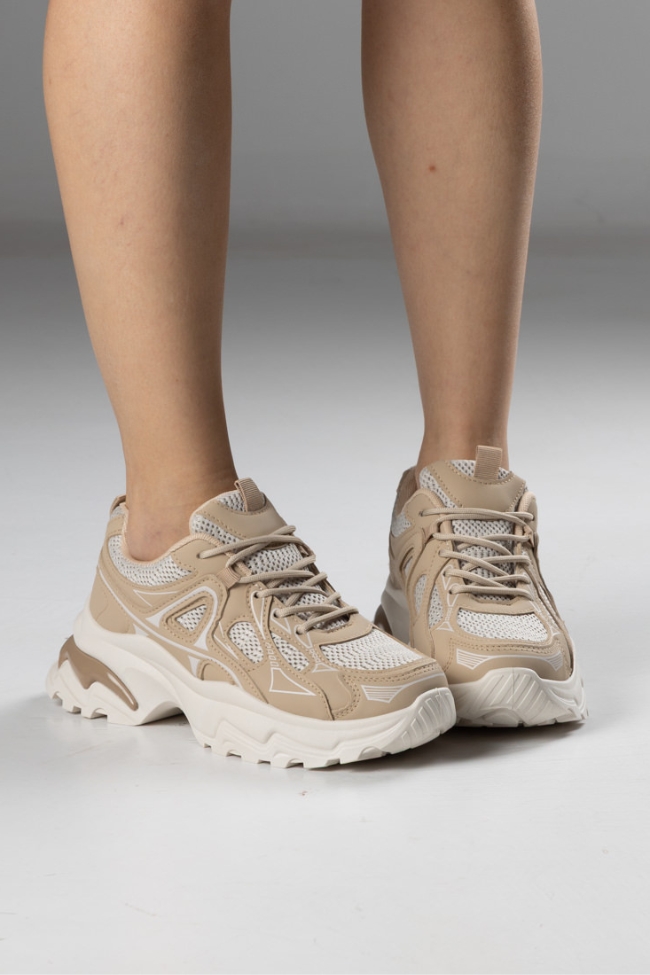 Sneakers με Δίχτυ και Chunky Σόλα – Σκούρο Μπεζ