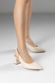 Μυτερές Slingback Γόβες με χονδρό τακούνι - Μπεζ