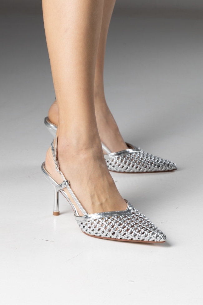 Slingback Γόβες με Πλεκτό Σχέδιο και Λουράκι – Ασημί