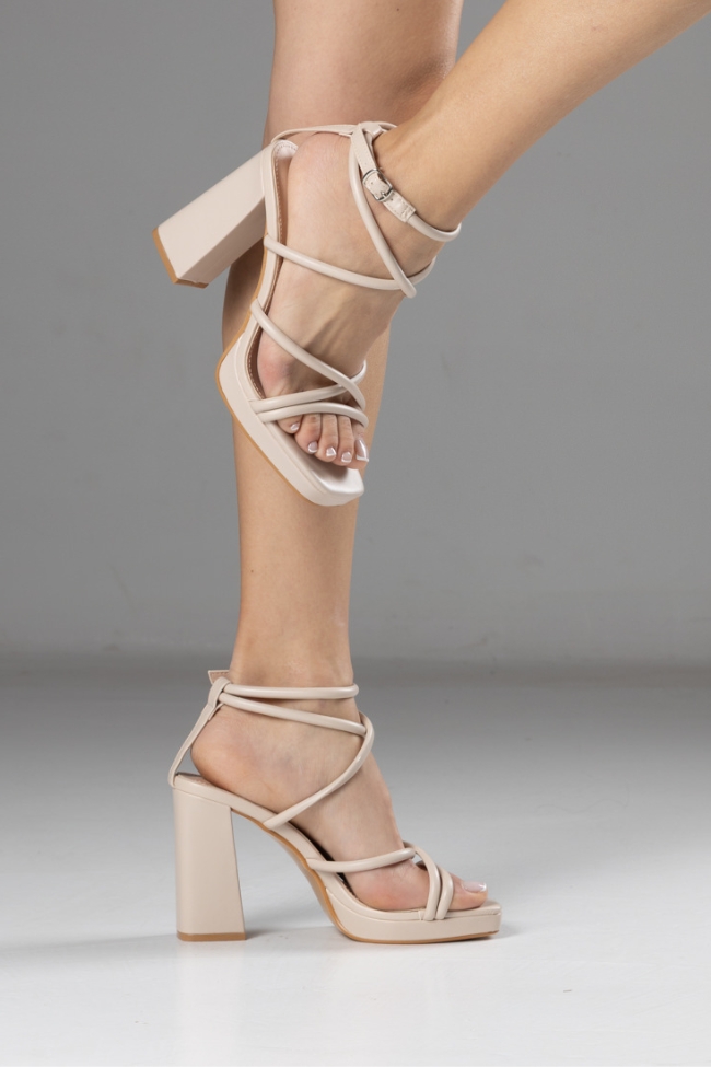 Πέδιλα με Ψηλό Τακούνι και Πολλαπλά Λουράκια – Μπεζ - Image 4