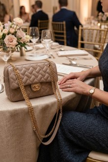 Κλασική τσάντα ώμου με αλυσίδα – Σκούρο Μπεζ
